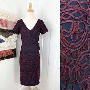 JS Collections Short Sleeve Soutache Cocktail Dress Navy Blue Burgundy Sz 4 NWT